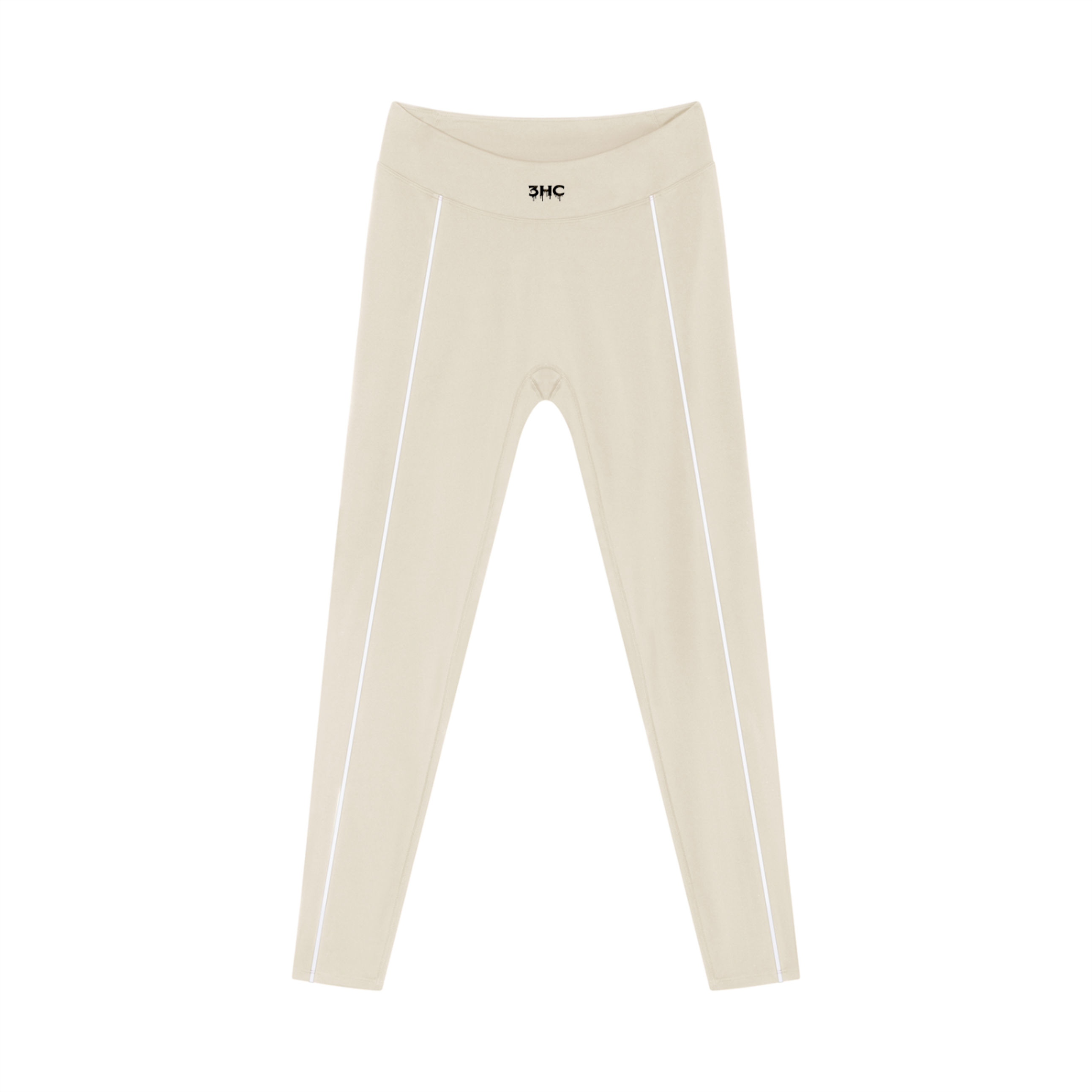Beige leggings with a red logo on a white background