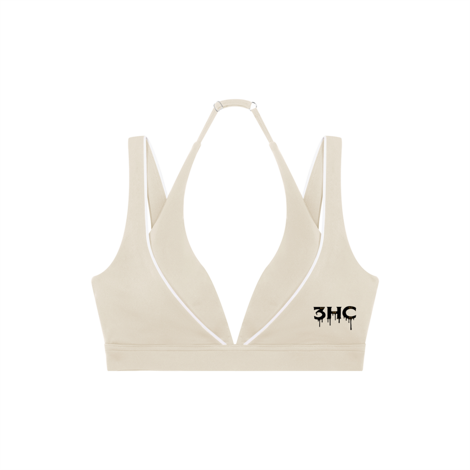 Beige sports bra with '3HC' logo on a white background