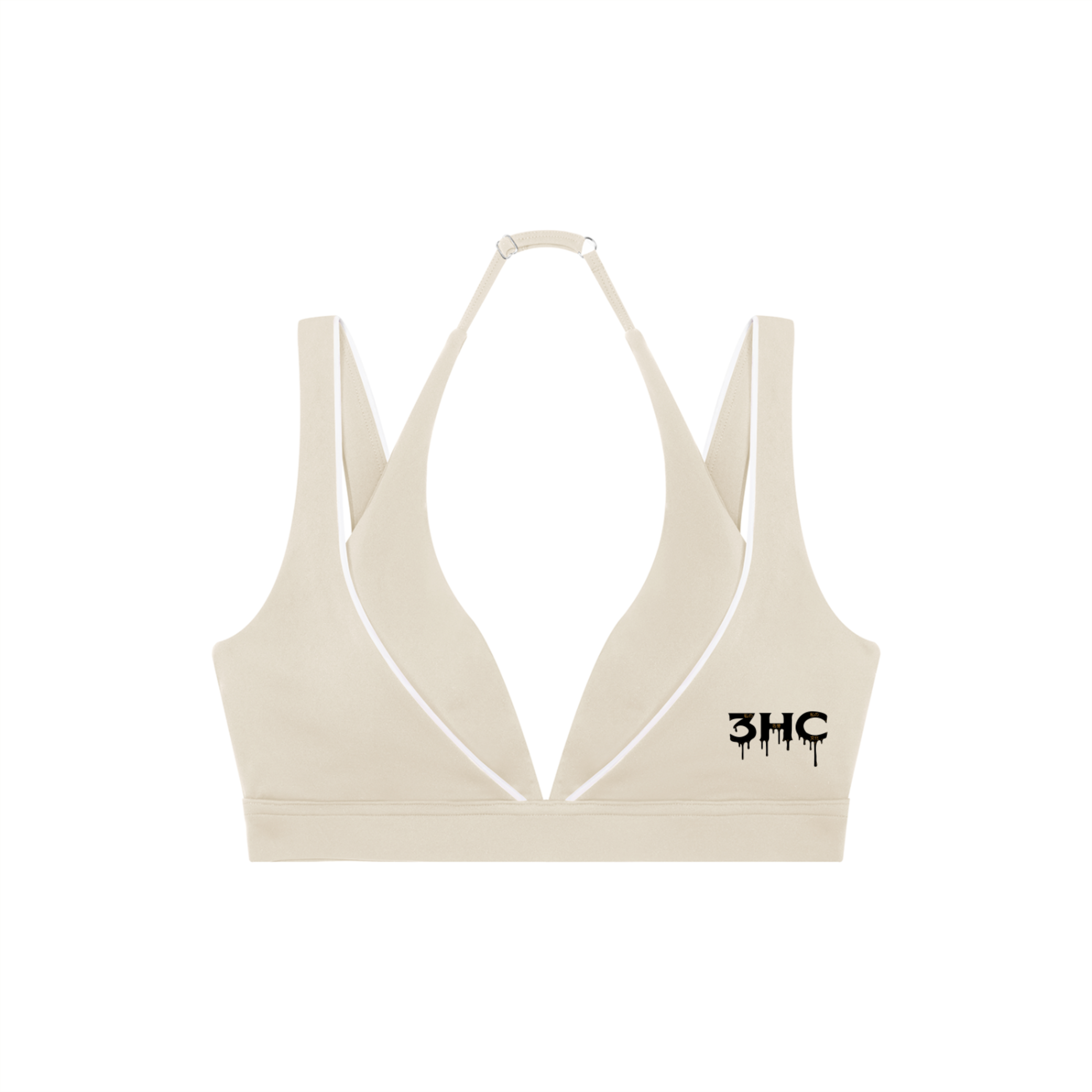 Beige sports bra with '3HC' logo on a white background