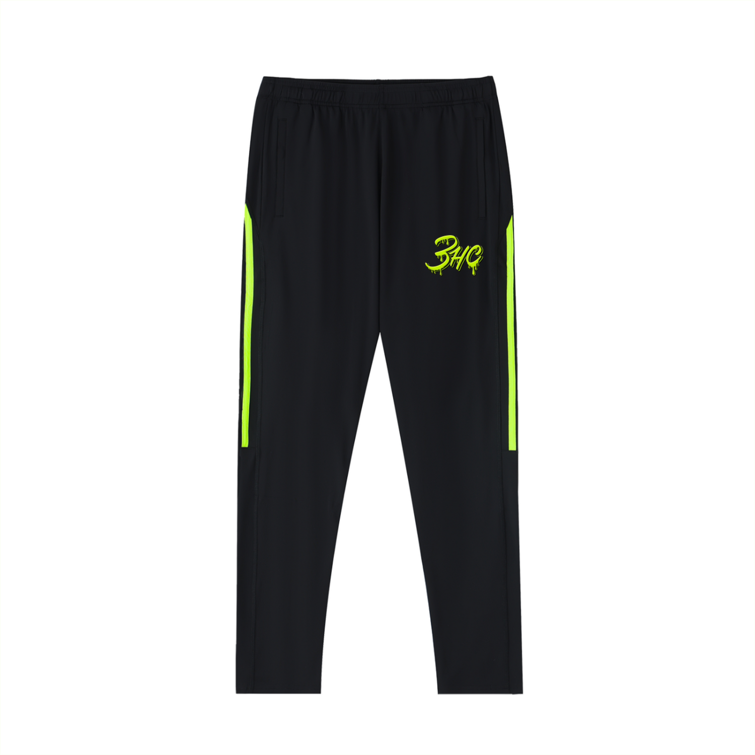 Black pants with neon green accents and a logo on a white background