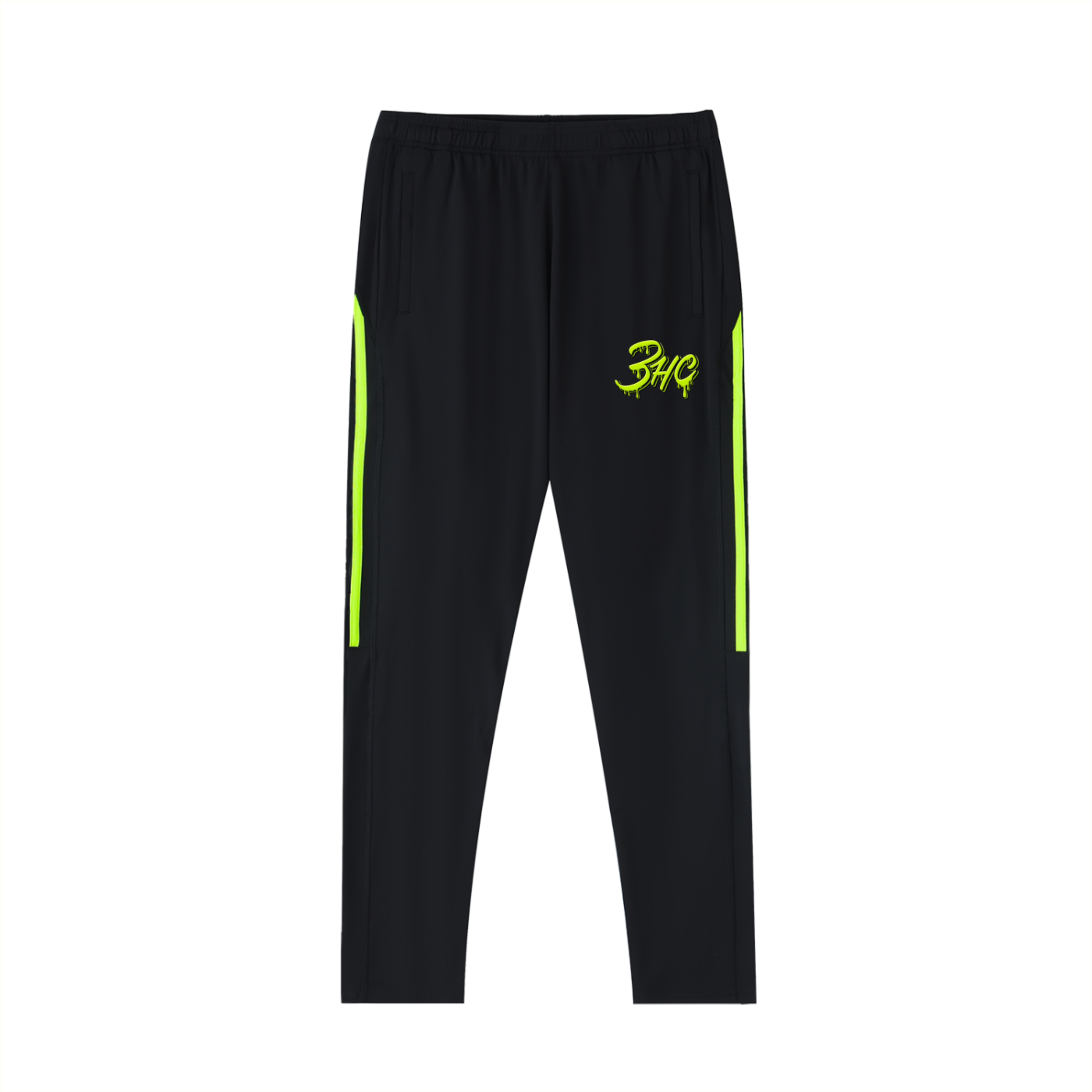 Black pants with neon green accents and a logo on a white background